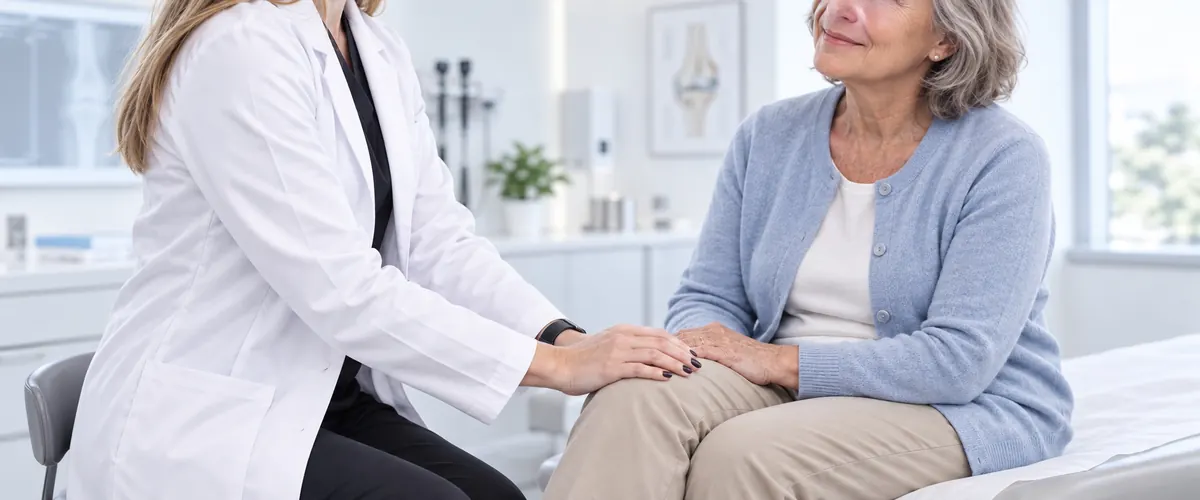 Médica com as mãos no joelho de uma paciente sorridente durante a consulta